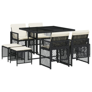 Set de comedor de jardín 9 pzas y cojines ratán sintético negro H