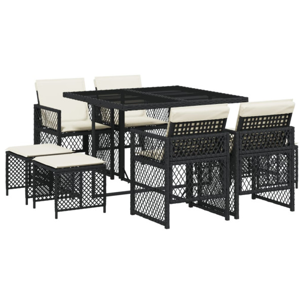 Set de comedor de jardín 9 pzas y cojines ratán sintético negro M 2