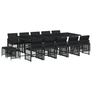 Set comedor de jardín con cojines 15 pzas ratán sintético negro H