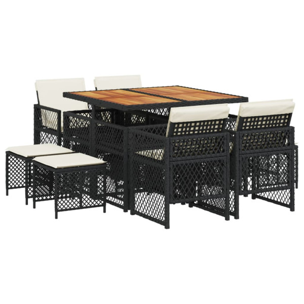 Set de comedor de jardín 9 pzas y cojines ratán sintético negro M 2