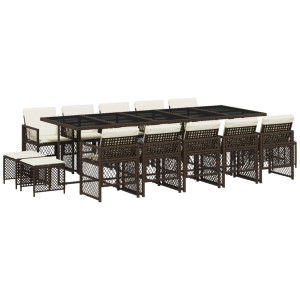 15 pcs conjunto jantar p/ jardim c/ almofadões vime PE castanho H