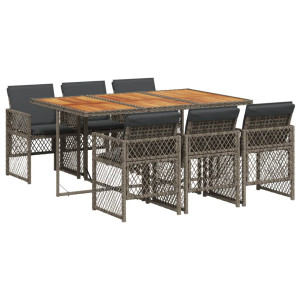 Set comedor jardín 7 pzas y cojines ratán sintético gris H