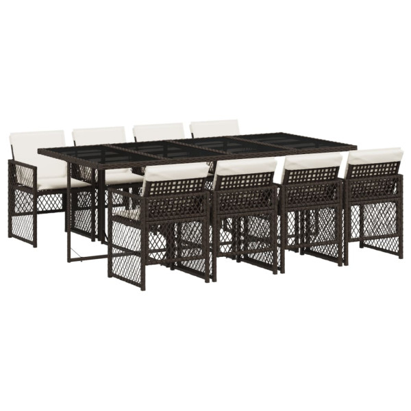 Set comedor para jardín 9 pzas y cojines ratán sintético marrón M 2