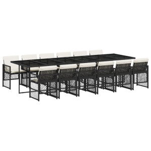 13 pcs conjunto de jantar p/jardim com almofadões vime PE preto H