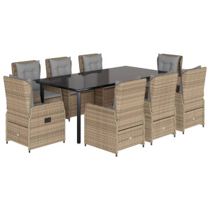 Set comedor de jardín 9 pzas con cojines ratán sintético beige H