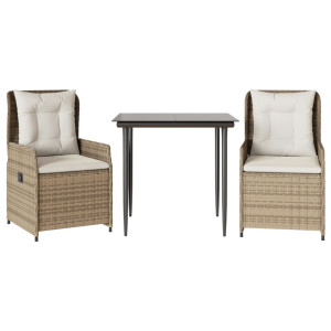 Set comedor de jardín 3 pzas con cojines ratán sintético beige H