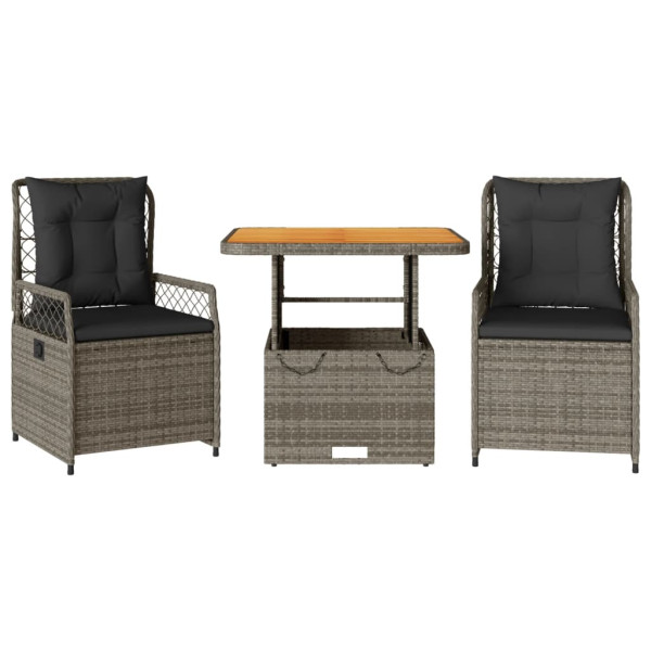 3 pcs conjunto de jantar p/ jardim c/ almofadões vime PE cinza M 2