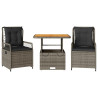 Set comedor de jardín 3 piezas con cojines ratán sintético gris 2