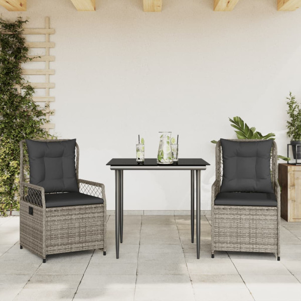 Set comedor de jardín 3 piezas con cojines ratán sintético gris D
