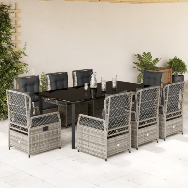 Set comedor jardín 9 pzas y cojines ratán sintético gris D