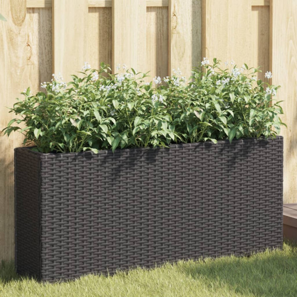 Jardineras con 2 maceteros 2 uds ratán PE negro 90x20x40 cm D