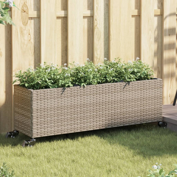 Jardineras con ruedas 2 uds ratán sintético gris 107x32x38 cm D