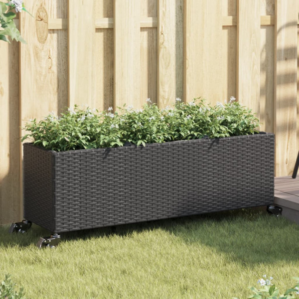 Jardineras con ruedas 2 uds ratán sintético negro 107x32x38 cm D