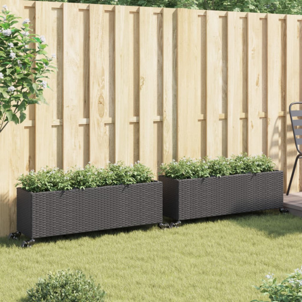 Jardineras con ruedas 2 uds ratán sintético negro 107x32x38 cm M 3