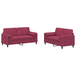 2 pcs conjunto de sofás com almofadas veludo vermelho-tinto H