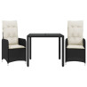 3 pcs conjunto bistrô de jardim c/ almofadões vime PE preto 2