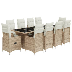 Set de mesa y sillas de jardín 11 pzas y cojines ratán PE beige H