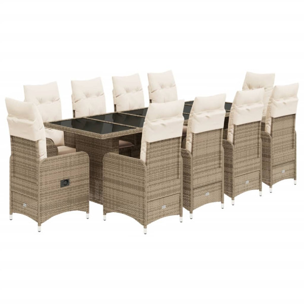 Set de mesa y sillas de jardín 11 pzas y cojines ratán PE beige M 2