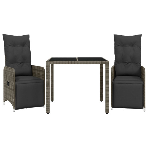 3 pcs conjunto bistrô de jardim c/ almofadões vime PE cinza M 2