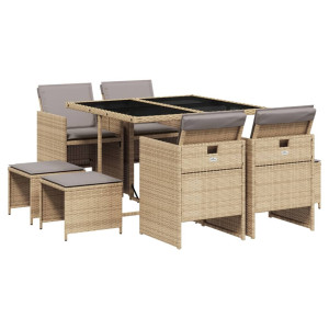 Set comedor de jardín 9 pzas con cojines ratán sintético beige H
