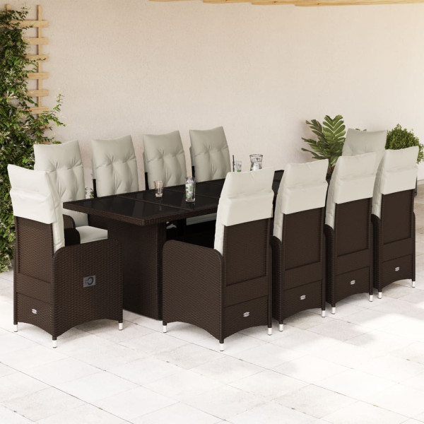 11 pcs conj. de bistrô p/ jardim c/ almofadões vime PE castanho D