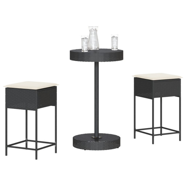 3 pcs conjunto de bar para jardim c/ almofadões vime PE preto D