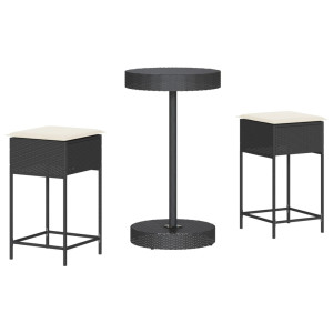 3 pcs conjunto de bar para jardim c/ almofadões vime PE preto H