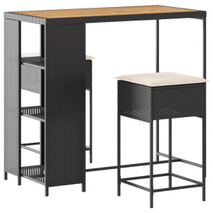 3 pcs conjunto de bar para jardim c/ almofadões vime PE preto H