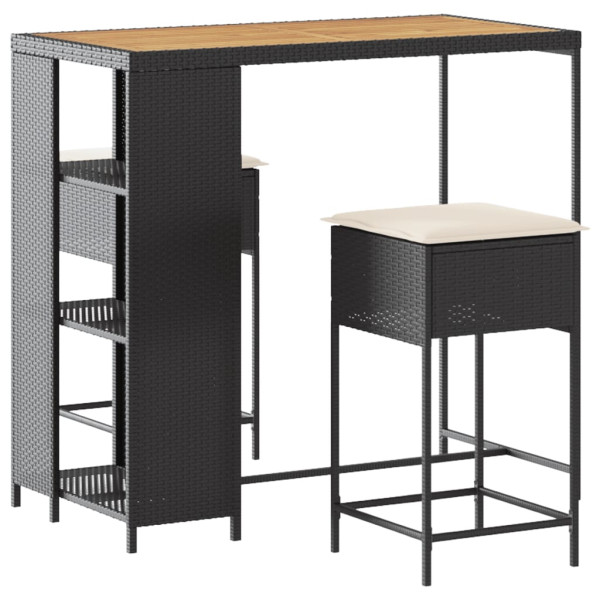 3 pcs conjunto de bar para jardim c/ almofadões vime PE preto M 2