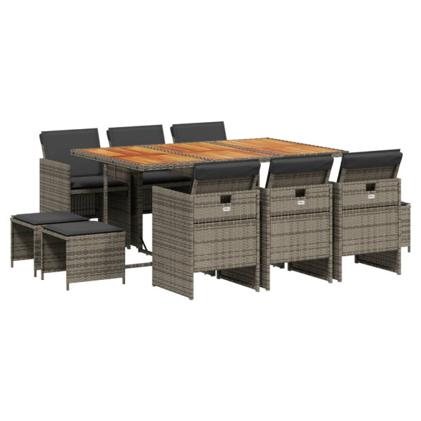 Set de comedor de jardín 11 pzas y cojines ratán sintético gris M 2