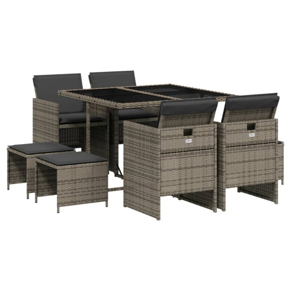 Set comedor jardín 9 pzas y cojines ratán sintético gris M 2