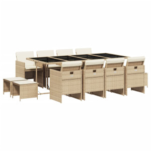 Set comedor de jardín con cojines 13 pzas ratán sintético beige H
