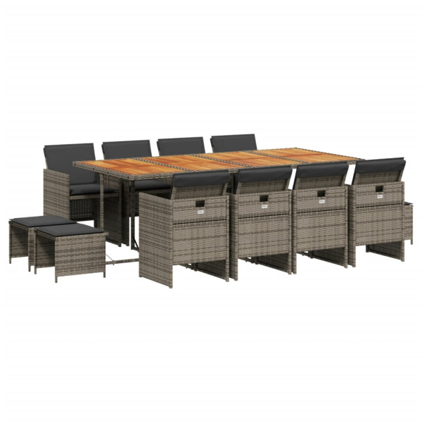Set comedor de jardín con cojines 13 pzas ratán sintético gris M 2
