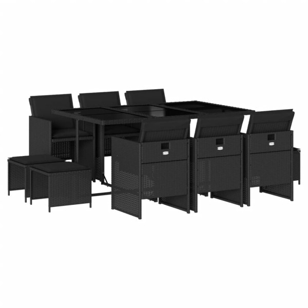 11 pcs conjunto de jantar p/ jardim c/ almofadões vime PE preto M 2