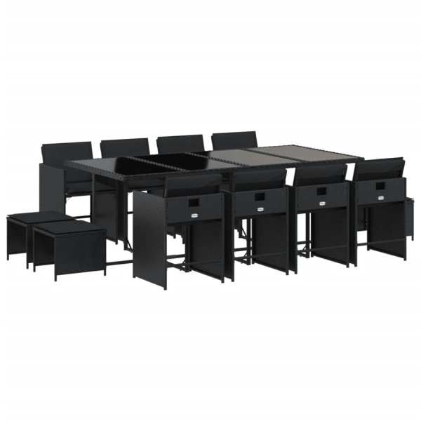 Set comedor de jardín con cojines 13 pzas ratán sintético negro M 2
