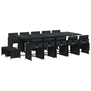 Set comedor de jardín con cojines 15 pzas ratán sintético negro H