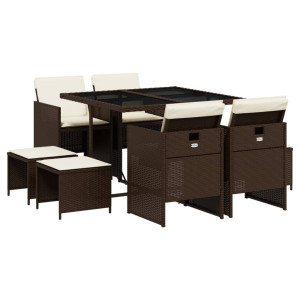 Set comedor para jardín 9 pzas y cojines ratán sintético marrón H