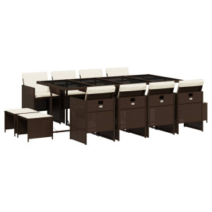 Set muebles de jardín 13 pzas y cojines ratán sintético marrón H