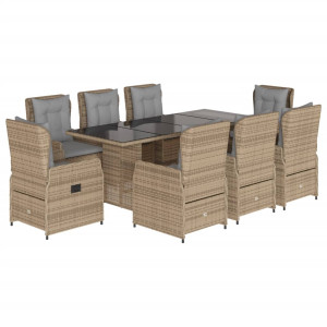 Set comedor de jardín 9 pzas con cojines ratán sintético beige H