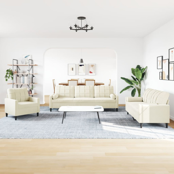3 pcs conjunto de sofás com almofadões e rolos veludo creme M 3