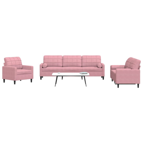 3 pcs conjunto de sofás com almofadões e rolos veludo rosa D