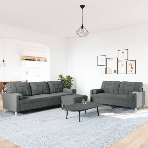 3pcs conjunto sofás c/ almofadões/apoio pés tecido cinza-escuro M 3
