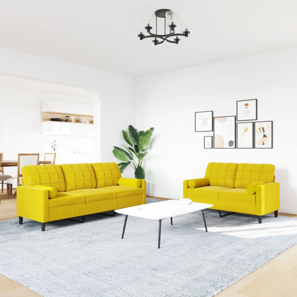 2 pcs conjunto de sofás com almofadões e rolos veludo amarelo M 3