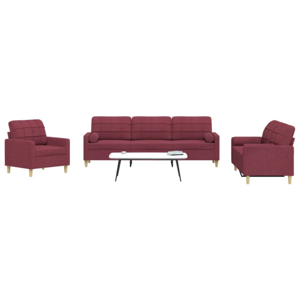 3 pcs conjunto de sofás com almofadas tecido vermelho-tinto D