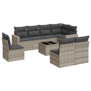 Set muebles jardín 9 pzas y cojines ratán sintético gris claro H