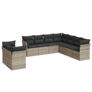 Set muebles jardín 9 pzas y cojines ratán sintético gris claro H