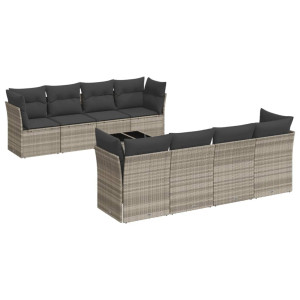 Set muebles jardín 9 pzas y cojines ratán sintético gris claro H