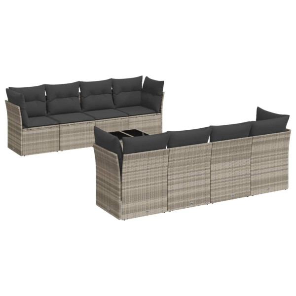 Set muebles jardín 9 pzas y cojines ratán sintético gris claro M 2