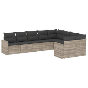 Set muebles jardín 9 pzas y cojines ratán sintético gris claro H