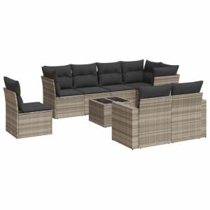 Set muebles jardín 9 pzas y cojines ratán sintético gris claro H